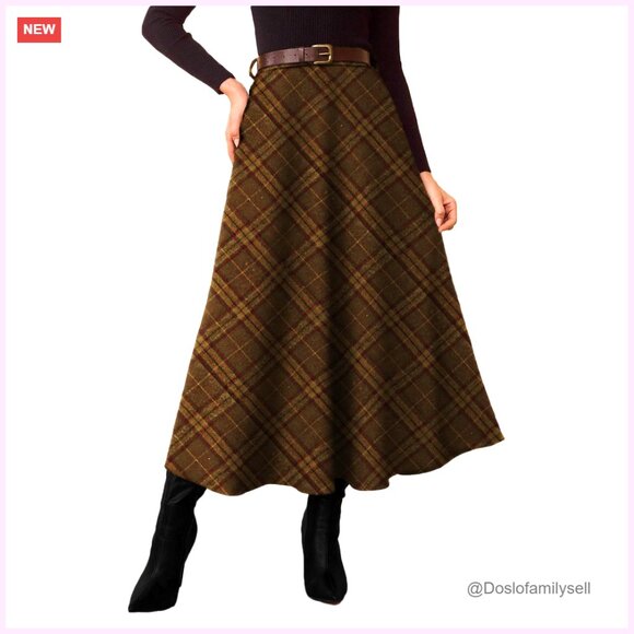 Vintage High Waist A-Line Midi Skirt with Pockets, Flared Tartan